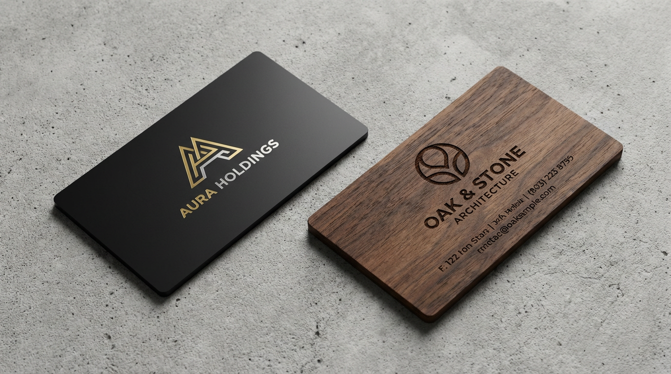 Metal and wood cards side by side