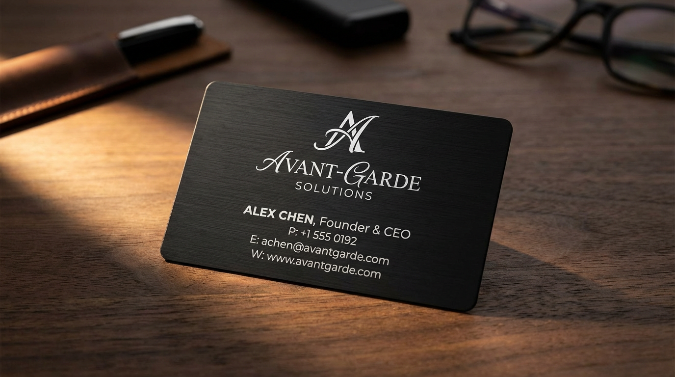 Premium black metal business card with laser-engraved details