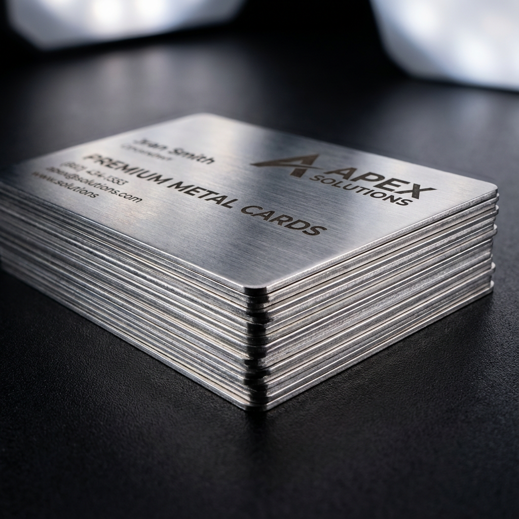 Stack of brushed metal business cards