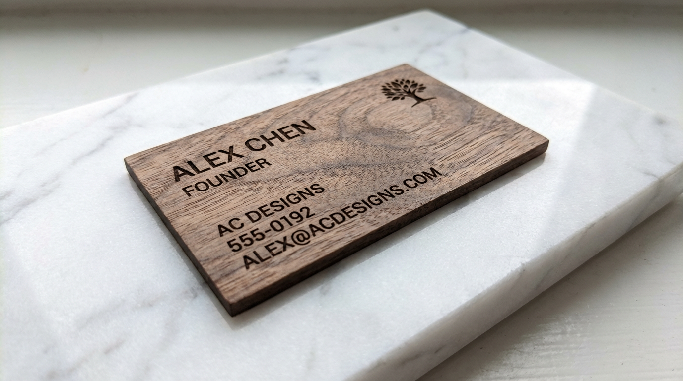 Walnut wood business card with engraved details
